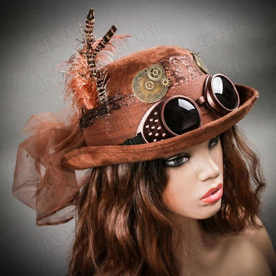 Women Steampunk Retro Bowler Top Hat with Goggles Feather Brown Laces Party Hat - Image 1 of 4