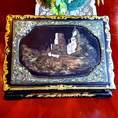 Antique Victorian Papier Mache Mother-of-Pearl Travel Desk Velvet on Fold-Out - Image 1 of 4