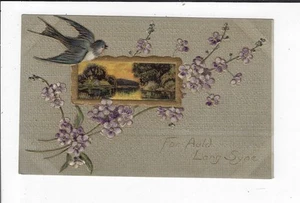 Postal Davidson Año Nuevo en relieve Bluebird con flores Auld Lang Syne p2250 - Imagen 1 de 2