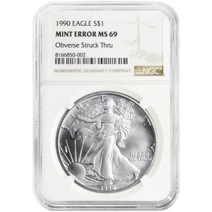 1990 $1 American Silver Eagle NGC MS69 Mint Error Obverse Strike Thru - Picture 1 of 2