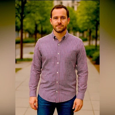 Usada en Excelente Condición Camisa Jeremy Argyle Para Hombre Clásica Roja, Blanca, Azul Con Botones Talla Mediana Foto 1 de 4