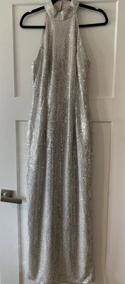 Roberta серебро блестки макси платье с бретелью через шею Y2K винтажный размер 11/12 гламур - Изображение 1 из 4