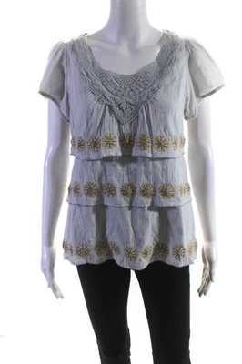 Blusa Floreat Para Mujer Cuello Redondo Mangas Cortas Bordadas Volantes Gris Talla 2 Foto 1 de 4