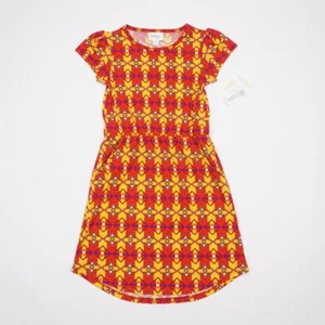 LuLaRoe Mae Pullover Elastic Waist Dress Short Sleeve Red Gold Geometric Girls 8 - Picture 1 of 3