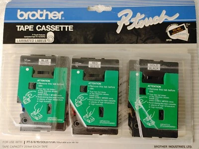  Brother P-Touch Laminated Labels Tape Cassette TC-40 NEW (Gold, Blue, Red) - Image 1 of 4