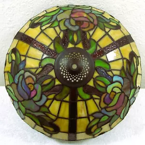 Tiffany-style Stained Glass Lamp Shade with Three Prominent Roses 16" Diameter - Picture 1 of 11