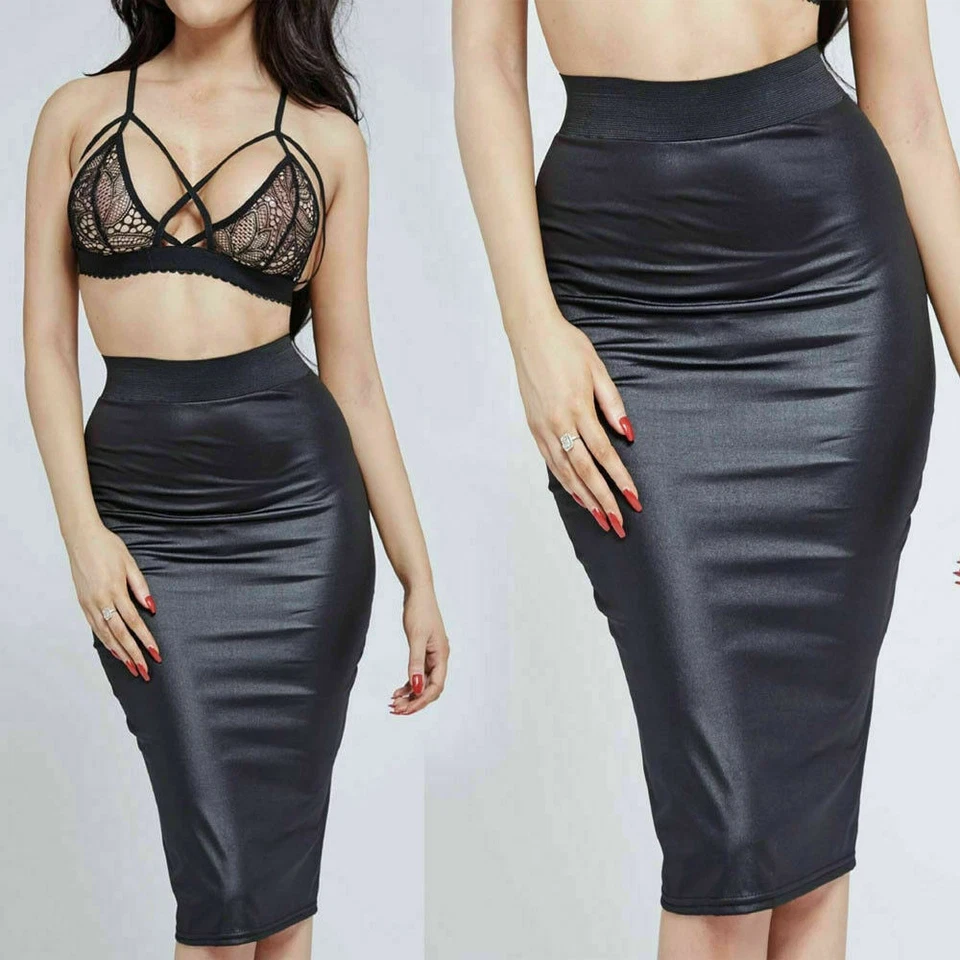  Womens Ladies Wet Look leather look shiny Midi Skirt In Black (GOOD QUALITY) - Image 1 of 1