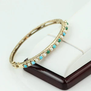 ANTIQUE HANDCRAFTED PEARL TUORQUOISE EMARALD BANGLE BRACELET 14K YELLOW GOLD - Picture 1 of 10
