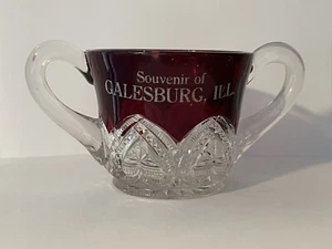 Antique Ruby Red Flash Cut Etched Glass Sugar Bowl Souvenir Galesburg IL - Picture 1 of 8