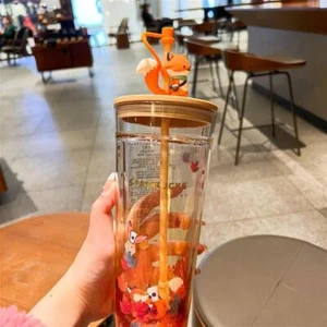 Starbucks Autumn Fox Maple Leaf Cup Tumbler Straw Dust Stopper Double Glass Set - Picture 1 of 7