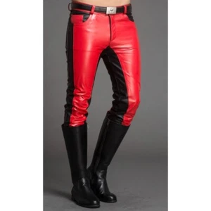 Leather Pants Men's Pant Real Men Biker Trousers Jeans Style Motorcycle Red 18 - Picture 1 of 4
