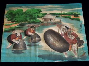 ¿Vietnam vintage? ¿Chino? Escena de pesca pintada a mano pueblo río sobre tela  - Imagen 1 de 12