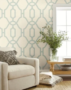 MAGNOLIA HOME Joanna Gaines Prepasted Wallpaper 56 sq ft Woven Trellis Blue Eggs - Picture 1 of 8