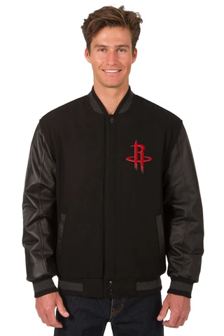 NBA Houston Rockets Wool Leather Reversible Jacket Front Patch logos Black JH Cover