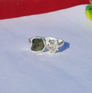 Authentic Moldavite Herkimer Diamond ring 925 Silver Handcrafted Twist Ring - Picture 1 of 8