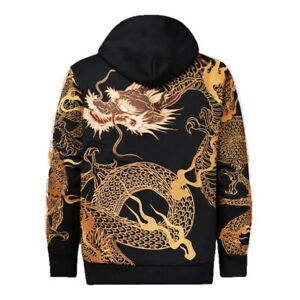 Mens Hoodie Sweatshirt Japanese Pattern Embroidery Dragon Tattoo Hooded Sweater