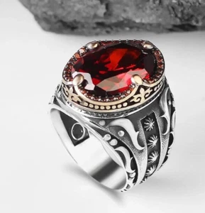 Natural 925 Sterling Silver Ring Men's Ring Men's Jewelry Red Zircon Stone - Picture 1 of 3