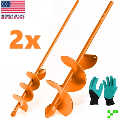 2x 2"+4" Garden Auger Drill Bit w/Gloves Ground Spiral Hole Digger Bulb Planting - Image 1 of 4