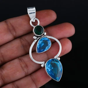 Belleza Topacio Azul, Verde Onix Piedra 925 Plata de Ley Hecho a Mano Colgante - Imagen 1 de 5