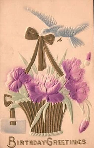 Birthday Greetings Bird Golden Ribbon Flower Vase Wishes Antique Postcard 1908 - Picture 1 of 2