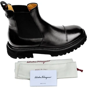 FERRAGAMO GEORGE 2 Men's 10 D/M Black Leather Chelsea Gancini Boots Dress Casual - Picture 1 of 7