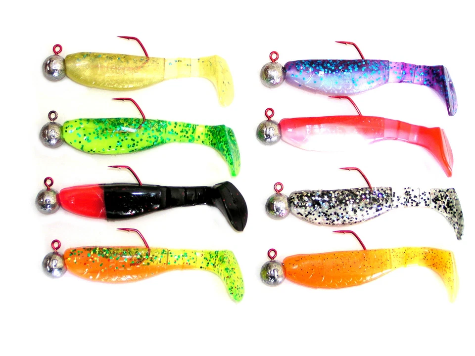 8 Jigs,8cm Relax Gummifische,VMC Jig köpfe, Zander, Hecht, Dorsch,Pollack, Neu - Bild 1 von 1