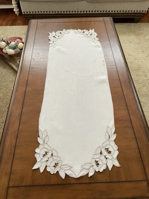 Vtg HM Ivory/Beige Linen Table Runner-40.5”x14.75”-Cutwork Lace-Hand Embroidery - Image 1 of 4