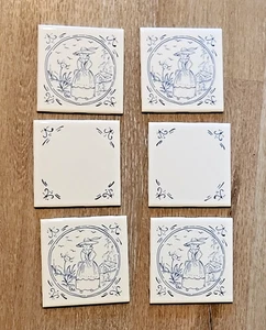 6 Vintage French Country Ceramic Wall Tiles Blue & White 4.25" x 4.25" - Picture 1 of 5