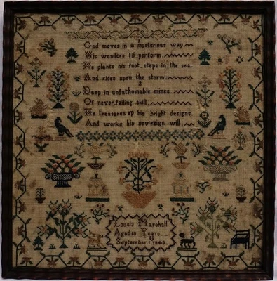 EARLY/MID 19TH CENTURY MOTIF & VERSE SAMPLER BY LOUISA MARSHALL AGED 10 - 1843 - Image 1 of 4