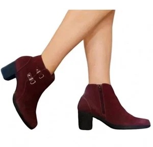 Clarks Women Meera Yew Boots Genuine Suede Burgundy Wine 10W Work Business Comfy - Picture 1 of 21