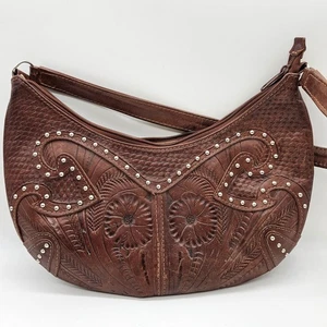 Cartera de mano de cuero marrón con tachuelas Western de colección hecha en Paraguay - Imagen 1 de 13