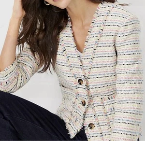 Ann Taylor Multicolor Shimmer Fringe Tweed 3 Button Front Cardigan Jacket Size 8 - Picture 1 of 1