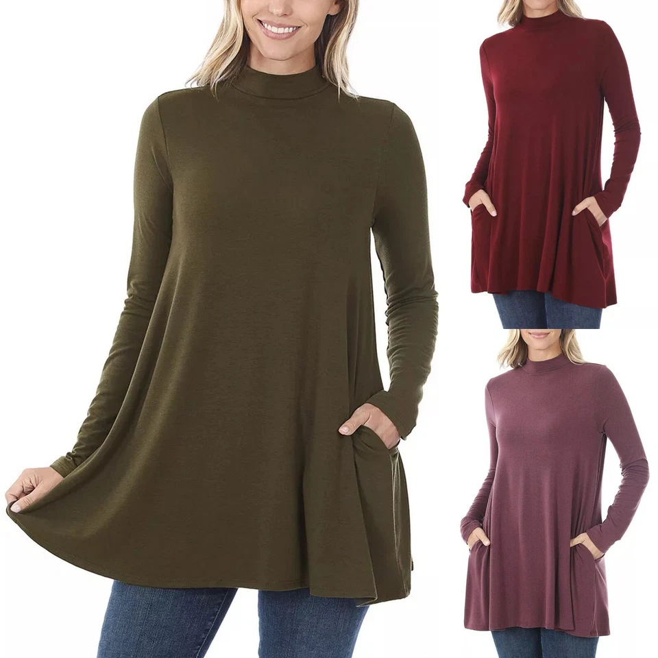 1X 2X 3X Plus Mujeres Cuello Simulado Manga Larga Calce Suelto Acampanado Dobladillo Top Túnica Bolsillos Foto 1 de 1