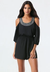 BEBE JEWEL EMBELLISHED COLD SHOULDER ROMPER JUMPSUIT NEW NWT $129 XSMALL XS - Picture 1 of 8