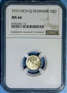 Denmark 1919 10 Ore Silver Coin High Grade ChBU NGC MS66 1 Year Type Km# 818.2 - Picture 1 of 2