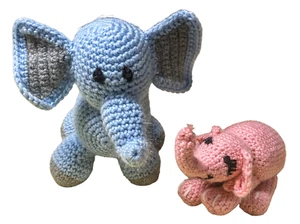 Lot Of 2 Handmade Crocheted Elephants Pink & Blue - Picture 1 of 7