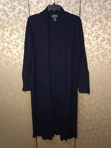 Ralph Lauren Navy Blue Ribbed Long Open Cardigan Sweater Coat Size Medium M - Picture 1 of 8
