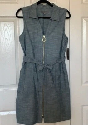 SHARANGO Chambray Gold Zip Front Tie Belted Cotton Sleeveless Shirt Dress 12 = L - Image 1 of 4