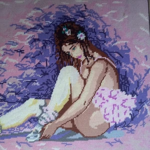 Vintage Nadelspitze handgenäht Wandteppich ungerahmt Ballerina Balletttänzerin rosa - Bild 1 von 2