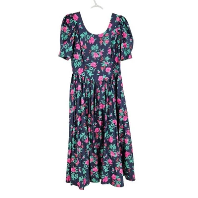 Vestido Laura Ashley Azul Rosa Floral Manga Abullonada Lazo Espalda Midi Talla 14 Foto 1 de 4
