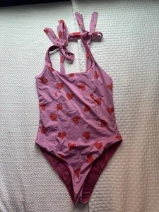 betsy johnson one piece Solid swimsuit NEW Bow Tie Straps Pink Hearts Medium - Picture 1 of 10