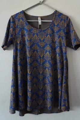 Lularoe Perfect T Blue with Yellow Jacquard Damask Print XXS - Pre Owned - Image 1 of 2