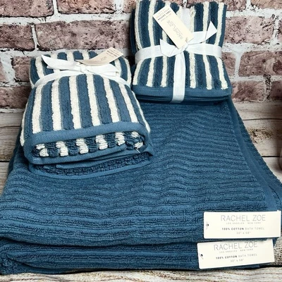 Rachel Zoe 8 шт набор полуночный синий полоски печати ванны вручную полотенца мочалки новый с Ярлыками - Изображение 1 из 4