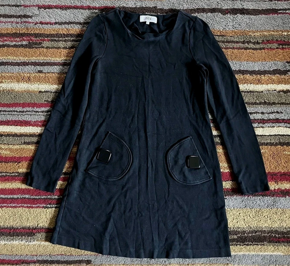 Vestido Tibi Mujer Pequeño Negro Manga Larga Mod Bolsillos Estilo Años 60 Retro Túnica Cambio Foto 1 de 4