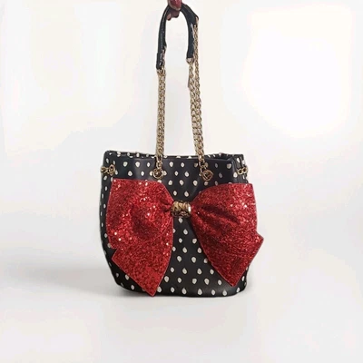XOXO Betsey Johnson LRG Bag Black White Polka Dot Big Red Sequin Bow W/ Coin Bag - Image 1 of 4