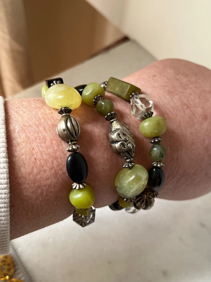 Coil Wire Wrap Bracelet Green Glass Peridot Stone Gold Metal Beads Artisan - Image 1 of 4