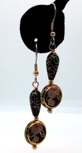 VINTAGE CLOISONNE BEADED BLACK FLORAL TEARDROP COIN 1 1/4" DANGLE EARRINGS NEW - Picture 1 of 3