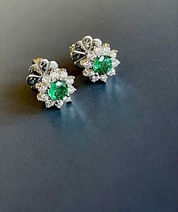 1.30Ct Natural Emerald & Diamond Halo Cluster Stud Earrings 14K White Gold