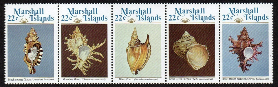 MARSHALL ISLANDS, SCOTT # 65-69, STRIP OF 5 MNH SEA SHELLS, SEASHELLS YEAR 1985 - Image 1 of 1