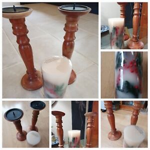 2x Pair Large Wooden Candlesticks 33cm Tall & New Sainsbury's 1250g Huge Candle
